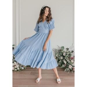 Jessakae Blue Hill Garden Midi Dress Sz S V Neck Tiered Chevron Ruffle Modest